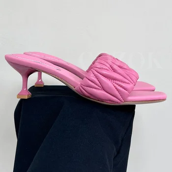 Летни Нови Красиви дамски чехли, дизайн на шиене, Сандали с квадратна глава и отворени пръсти на високи токчета, женските тънки обувки в приказен стил Naikan