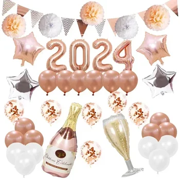 2024 балони за коледни и новогодишни партита Пентаграм, бутилка вино, азбука, усещане за атмосфера, оформление на сцената, украсена с балони