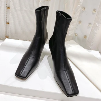 Дизайнерски маркови дамски обувки, новост 2023 г., есен-зима, дамски обувки в основния стил на висок ток 5 см с квадратни пръсти и мълнии, високо качество