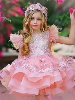 Рокля с цветя модел за момичета, бални рокли на принцеси за първо причастие, Прекрасен розов тюл с принтом във формата на ангел, завързана детски подарък-изненада за рожден ден