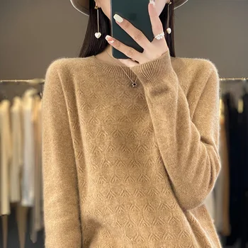 Пролетно-есенен нов вълнен пуловер от 100% чиста вълна, дамски пуловер с кръгло деколте, риза, кух монофонични модерен случайни вязаный топ