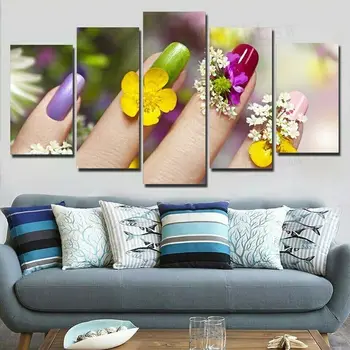 Цветен гел за нокти Flowers Salon, 5 панели, печат върху платно, монтиран на стената художествен плакат, Картини за дома, 5 теми декор на стаята, Картини без рамки