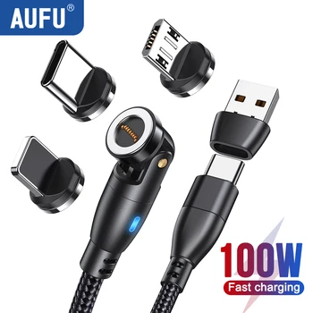 AUFU PD 100 W 540 Въртящ се Магнитен USB Кабел C-Type C Кабел 5A Бързо Зареждане, Кабел За Данни За Macbook iPhone Xiaomi Huawei Лаптоп