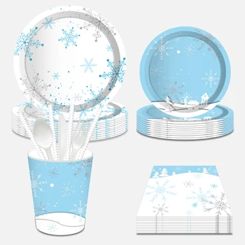 Студените Зимни Снежинки Комплекти за Еднократна употреба на съдове за Декорация на партита весела Коледа Чинии, Чаши, Салфетки, за да проверите за партита