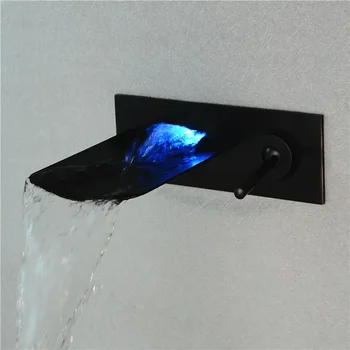 Черен смесител за вана с водопад от горещо и студено стъкло и мед, инсталиране на стената, Скрит смесител за мивка в банята