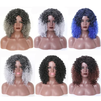 40 см, Средни Афро-къдрава перуки с бретон за жени Синтетичен Омбре от естествени топлоустойчива коса с дълбоко освобождаването на Перуки