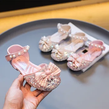 Летни детски сандали в едно мирно стил за момичета, модерни розови обувки на принцесата с лък под формата на зайче, ежедневни меките блестящи вечерни танци сандали