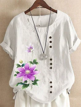 Ежедневни памучни ленени блузи с флорални принтом кръгъл отвор, Дамски блуза Оверсайз, Летен пуловер с кръгло деколте и къс ръкав, Модни градинска облекло