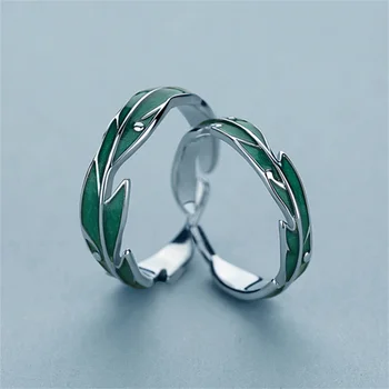 Нови модни пръстени със зелени листа за влюбени жени и мъже, Вечна любов, Сребърен отворен пръстен за младоженци, сватбени декорации за младоженци