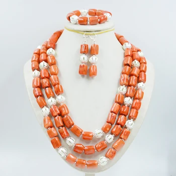 3 Броя, 12-14 мм Оранжевото колие от естествен корал/Гривна/Обеци Set. Glamour women party jewelry. 50-56 см