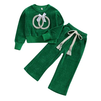 Есенно-зимни дрехи за малките момичета, Вельветовый топ с пайети и тиква, широки панталони, комплект дрехи за Хелоуин и Коледа