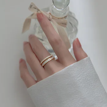 Enosola Луксозни Двуслойни пръстени от сребро 925 Проба AAA с Цирконии за жени, Младоженци, Сватбени Регулируеми Пръстени за пръстите, Бижута
