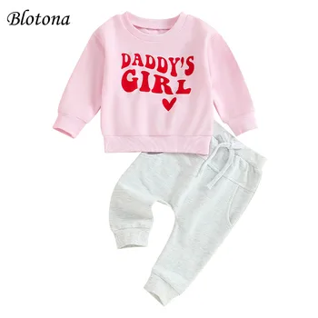 Комплект дрехи от 2 теми за малките момичета Blotona, hoody с кръгло деколте и писмото принтом във формата на сърце с дълъг ръкав и еластичен колан, спортни панталони, есен облекло