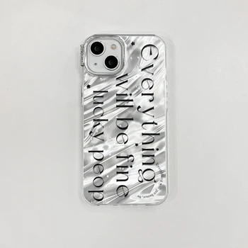 Корейски INS сребристо-вълнообразни текстурный креативен английски калъф за телефон iPhone 15 14 13 Pro Max Задната част на кутията на телефона на 12 Funda