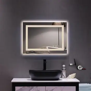 Огледало за баня с led подсветка Стъкло огледало Квадратно Сензорно led защита От замъгляване Лесна инсталация Трехцветных Затемняющих лампи 28 * 20 