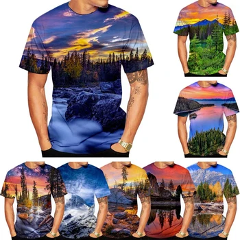 Мъжки модни тениски с кръгло деколте и 3D модел на планината, тениски с къс ръкав и шарките, ежедневни, пуловери, тениски