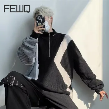 Дизайнерски пуловер FEWQ с половин цип и цветен блок, есенно-зимен мъжки пуловер с припокриване, модерна античен свободна трикотажная риза