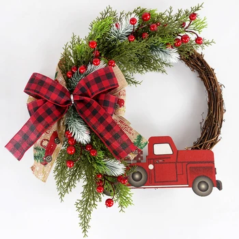 Коледна Врата Венец Венец 38 см, Дървена кола червени Плодове Лък Стенни Декорации Весела Коледа Коледни Украси за дома