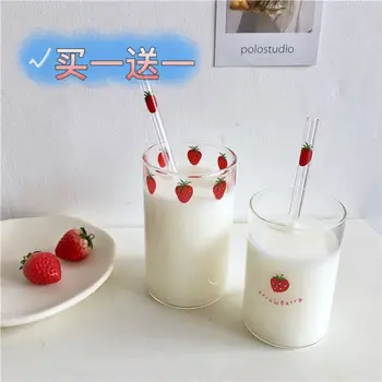 Сърца корейски момичета, плодове, ягоди, стъклени чаши, чаши за мляко, сламени чаши, стъклени топлоустойчиви чаши за вода с принтом