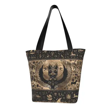 Египетска Котка, Богинята Бастет Пазарска Чанта Дамски Холщовая Чанта През Рамо Древен Египет Йероглифи Бакалски Чанти За Пазаруване