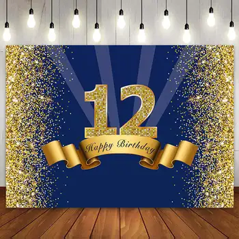 Фон за парти с 12-ти рожден ден, фон за снимки за момче и момиче, Синьо, Златно, дванадесет 12-годишен банер за торта, плакат на поръчка