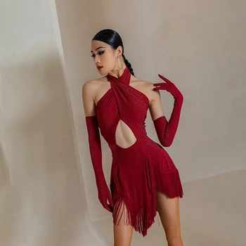 Нова рокля за състезания по латиноамерикански танци, Секси Секси рокля с флорални цепка, облекла за танци-Румба, Танго, дрехи за бала за възрастни