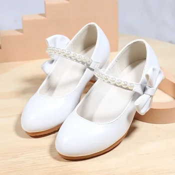 Детски обувки Перлено-бели кожени обувки за момичета с бял нос, пролет-есен, обувки за изказвания принцеси на високи токчета, за студенти