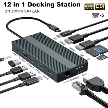 10 в 1 Хъб с два Монитора Type-C, Докинг станция с три Дисплея с 2 Адаптера HDMI VGA 4K Gigabit Ethernet Type-C PD SD/TF 3,5 мм