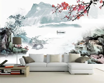 Тапети по поръчка декорация на дома, телевизор, разтегателен фон на стената китайски мастила пейзаж слива фон стенописи, 3D тапети