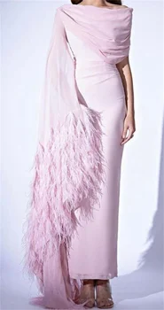 Вечерна рокля за специални случаи, с кръгло деколте от тюл, сатен, розови пера, благороден и елегантен дизайн 2023 웨딩 드레스