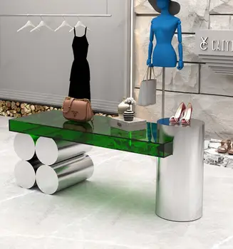 Маса за вода в магазин за дрехи, комбиниран плот от акрил и неръждаема стомана, индивидуален маса за показване, маса за показване на чанти за обувки