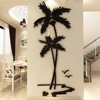 3D Кокосова палма, Акрилни огледално стикери за стена, на фона на телевизор, стикери за стена със собствените си ръце, Стенни картини за спални, всекидневна, декориране на дома