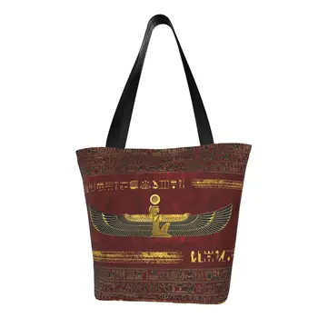 Изработена по Поръчка холщовая пазарска чанта със златни египетски йероглифи, женски преносими чанти за пазаруване в стил етнически изкуството на Древен Египет