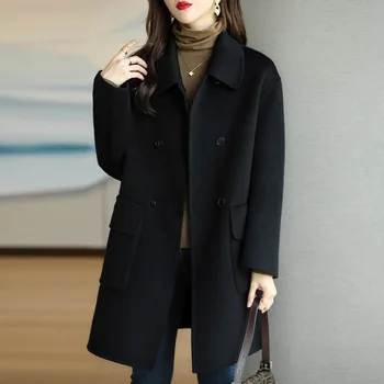 Есенно-зимния ново модно дамско однотонное палто с дълъг ръкав, приталенное Елегантно ежедневно удобно палто със средна дължина