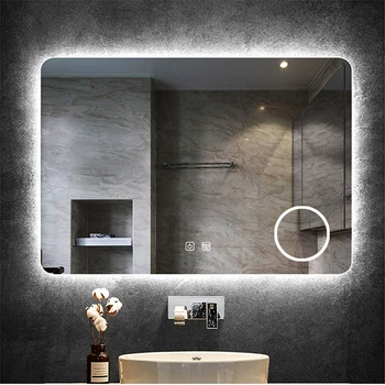 Правоъгълно умно огледало в банята с трикольор с led подсветка, Противотуманное огледало за грим с подсветка, 5-кратно увеличение, Затемняющие тоалетни огледала