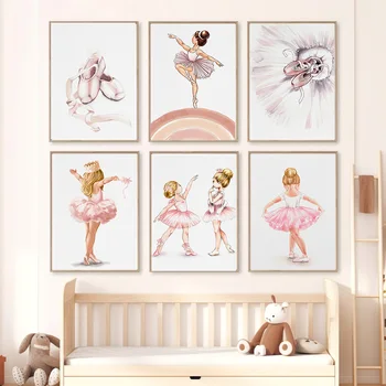 Акварелни Балетные Обувки за момичета, Crown, Дъгова Любов, Детска, монтиран на стената Художествен Плакат и щампи, Живопис върху платно, Интериор на Детска стая