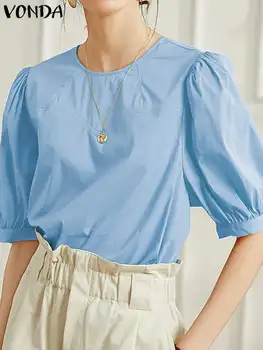 Дамска блуза, Летни блузи с къс ръкав, VONDA 2023, Модни ежедневните Свободни обикновена ризи, Елегантни дамски блузи с кръгло деколте.