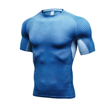 Лятна мъжка тениска с къс ръкав, спортен топ, за джогинг, дрехи за бодибилдинг, Бързосъхнеща, с кръгло деколте, синьо спортно облекло за фитнес във фитнес залата