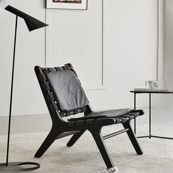 Стол-седло от масивно дърво, естествена кожа, оплетка стол за почивка, лесно модерно луксозно кресло за отдих в балкона, диван за един човек