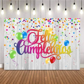 Фелиз Кумплеаньос Фон Цветни Балони Честит Рожден Ден Снимка Фон Сива Дървена Дъска, За Да Проверите За Украса Фотосесия Подпори
