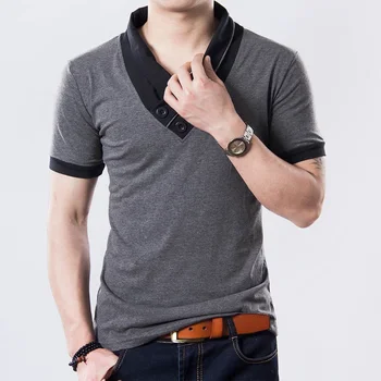 A2751 Тънък памучен черна тениска с V-образно деколте и къси ръкави в стил мозайка, мъжки потници и тениски на копчета