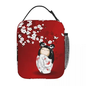 Кукла Кокеши, червено, черно, Бяло, цъфтеж сакура, изолирано чанта за обяд, Японската Художествена кутия за храна, охладител, термос за обяд, Училище бокс