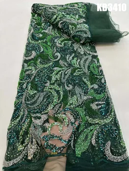 Лейси плат от черното злато, расшитая мъниста, най-новите лейси висококачествени тъкани под формата на листа 2023 г., зелени лъскави мъниста, дантели за сватбена рокля за парти