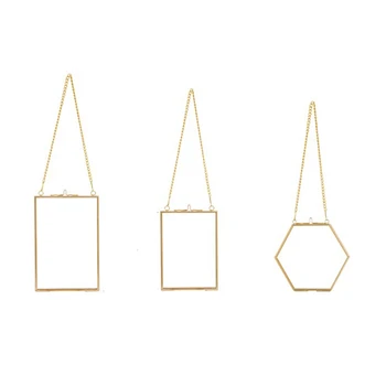 Стъклени рамки за пресовани цветя от 3 опаковки - златни окачени стъклени рамки за картини с веригата, плаващи рамки за демонстрация на художествени произведения със собствените си ръце