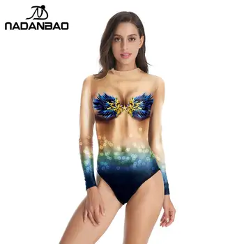 Nadanbao Секси женски бански с телесен цвят с 3D принтом, едно парче бански с дълъг ръкав