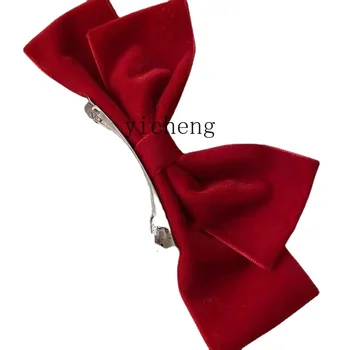 Гг Червена обемна кадифе шнола с лък за коса, пролетно шнола за женски дрехи за тостер