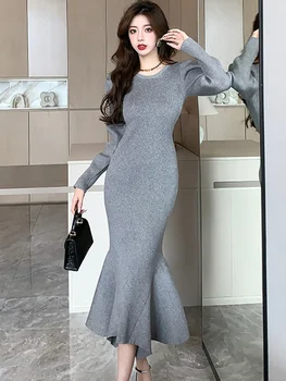 Секси елегантна ежедневна дълга рокля на русалка с волани, есен-зима, черно вязаное рокля-пуловер 2023, Корейското винтажное дебнещ рокля за бала