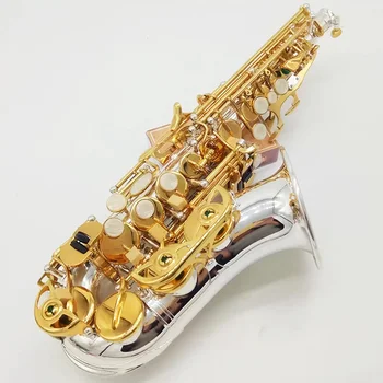 O37 Професионален извити сопран-саксофон Си бемол, бял мед с позлатен структура на 
