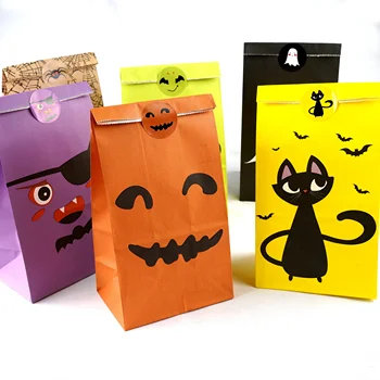 Крафт хартиени торбички за предложения за Хелоуин, подаръци за партита, бонбони, закуски, Подарък плик със стикери, аксесоари за украса