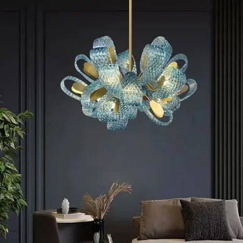 Модерни led дизайнерски висящи лампи от стъкло Peacock Blue Leaf, тавана полилеи с меден блясък, окачена лампа Lampen